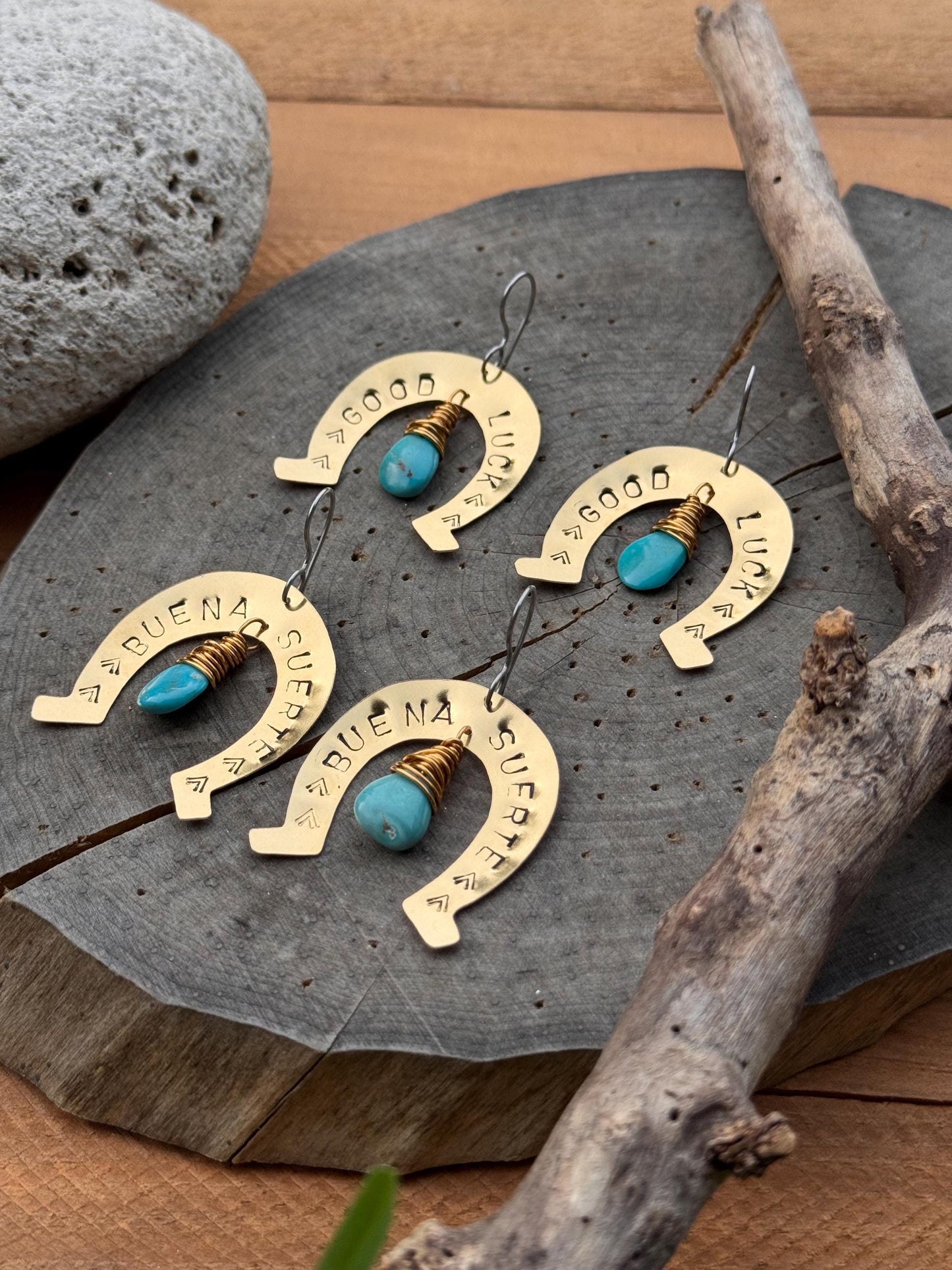 Turquoise Horseshoe Earrings: Hand Stamped Brass, 'Buena Suerte'
