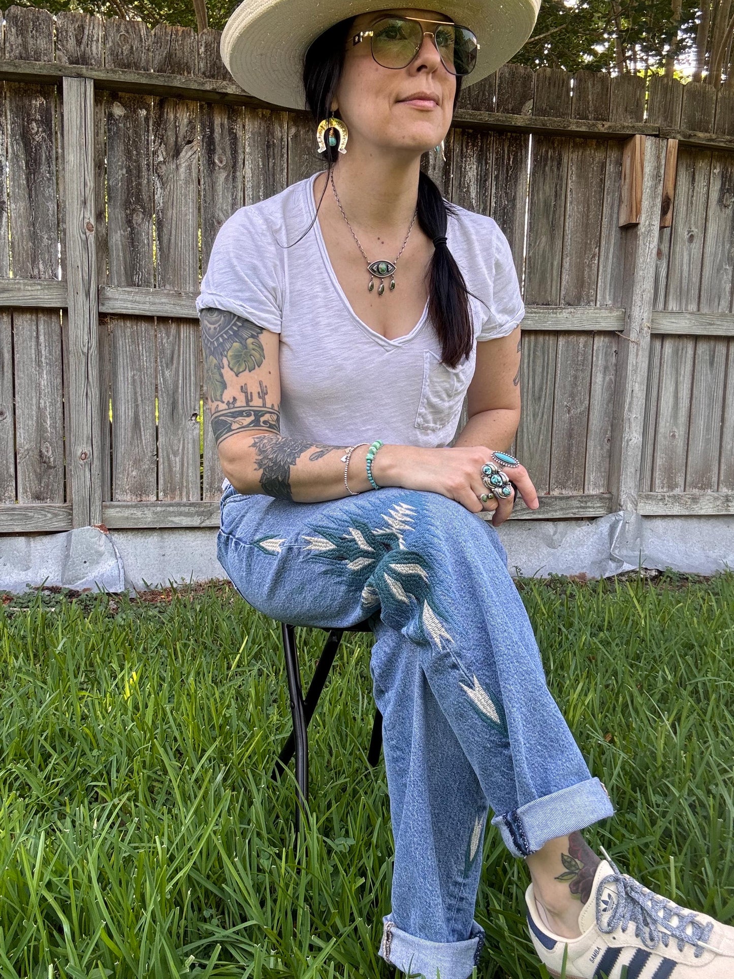 Turquoise Horseshoe Earrings: Hand Stamped Brass, 'Buena Suerte'