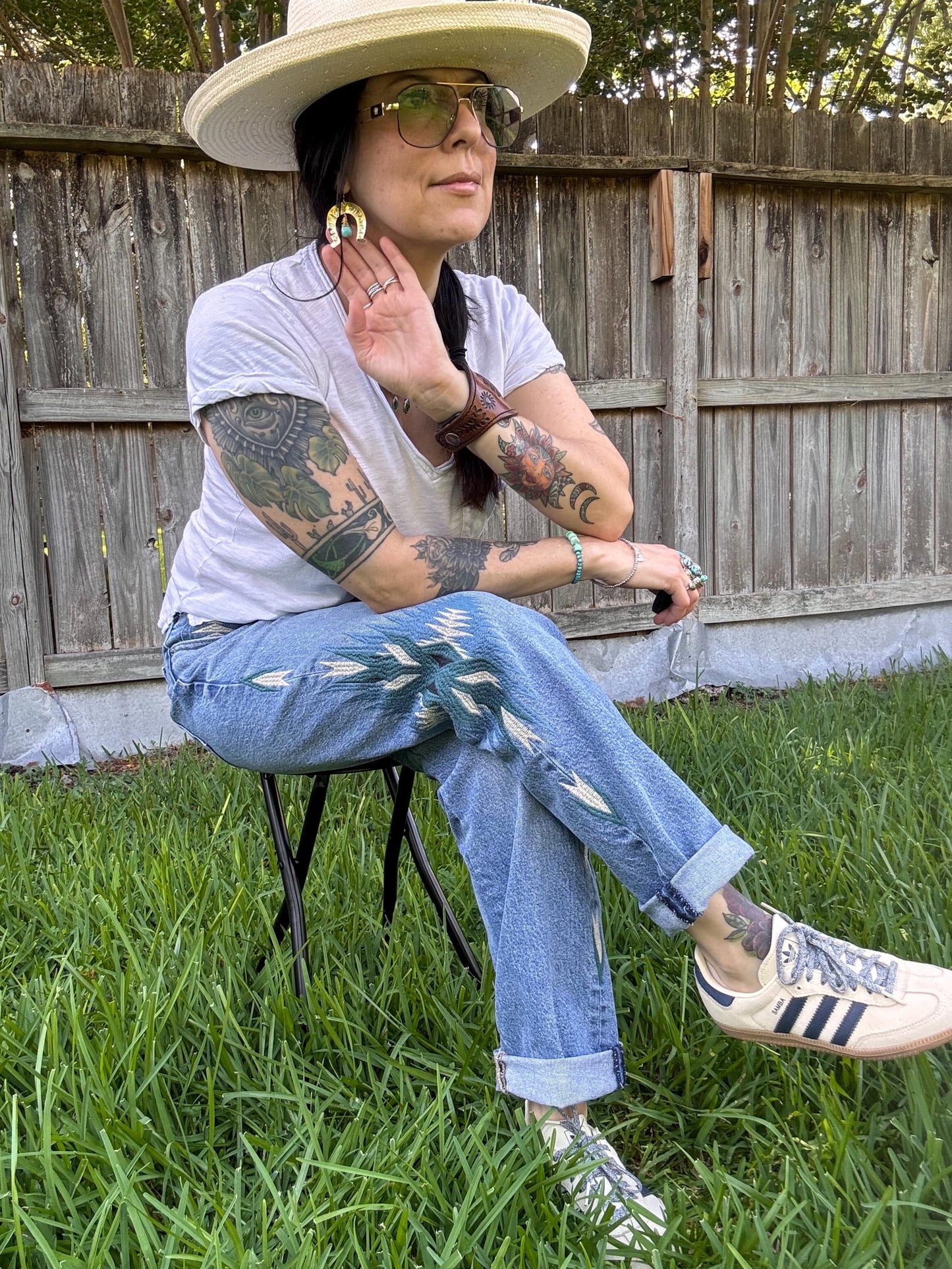 Turquoise Horseshoe Earrings: Hand Stamped Brass, 'Buena Suerte'