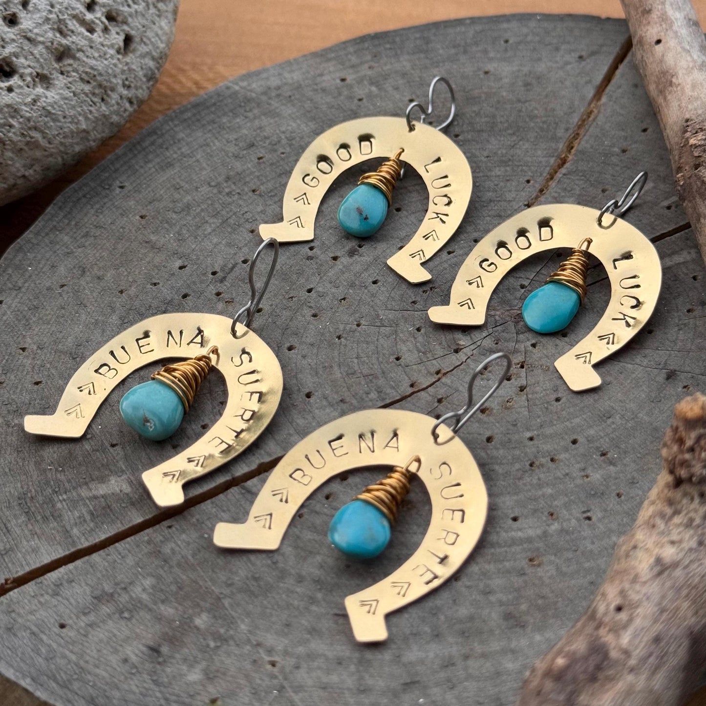 Turquoise Horseshoe Earrings: Hand Stamped Brass, 'Buena Suerte'
