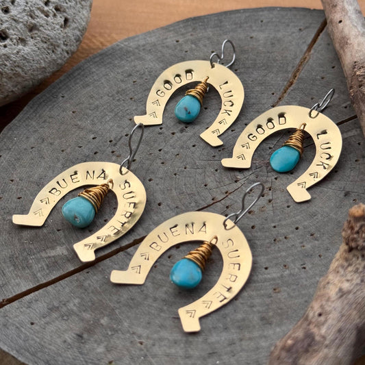 Turquoise Horseshoe Earrings: Hand Stamped Brass, 'Buena Suerte'