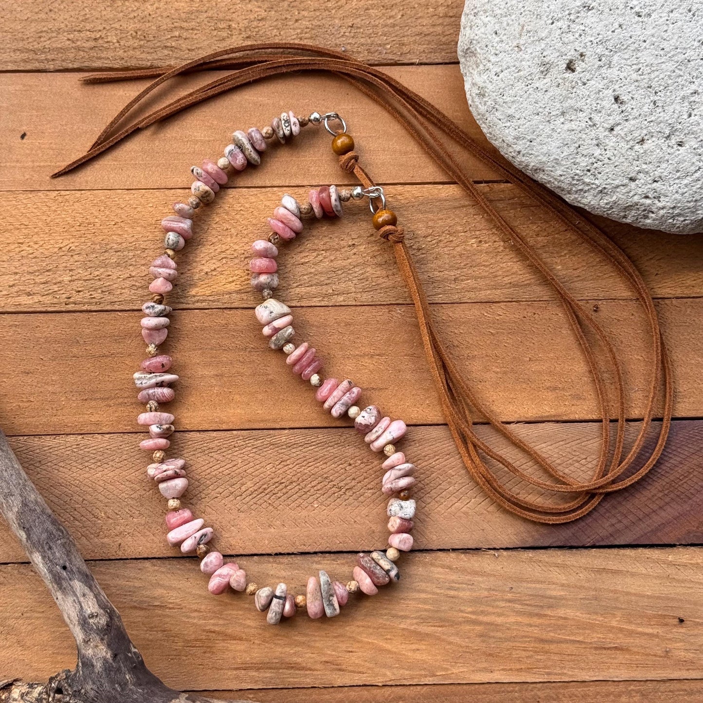 Rhodochrosite & Picture Jasper Hat Band: Vegan Suede Cord