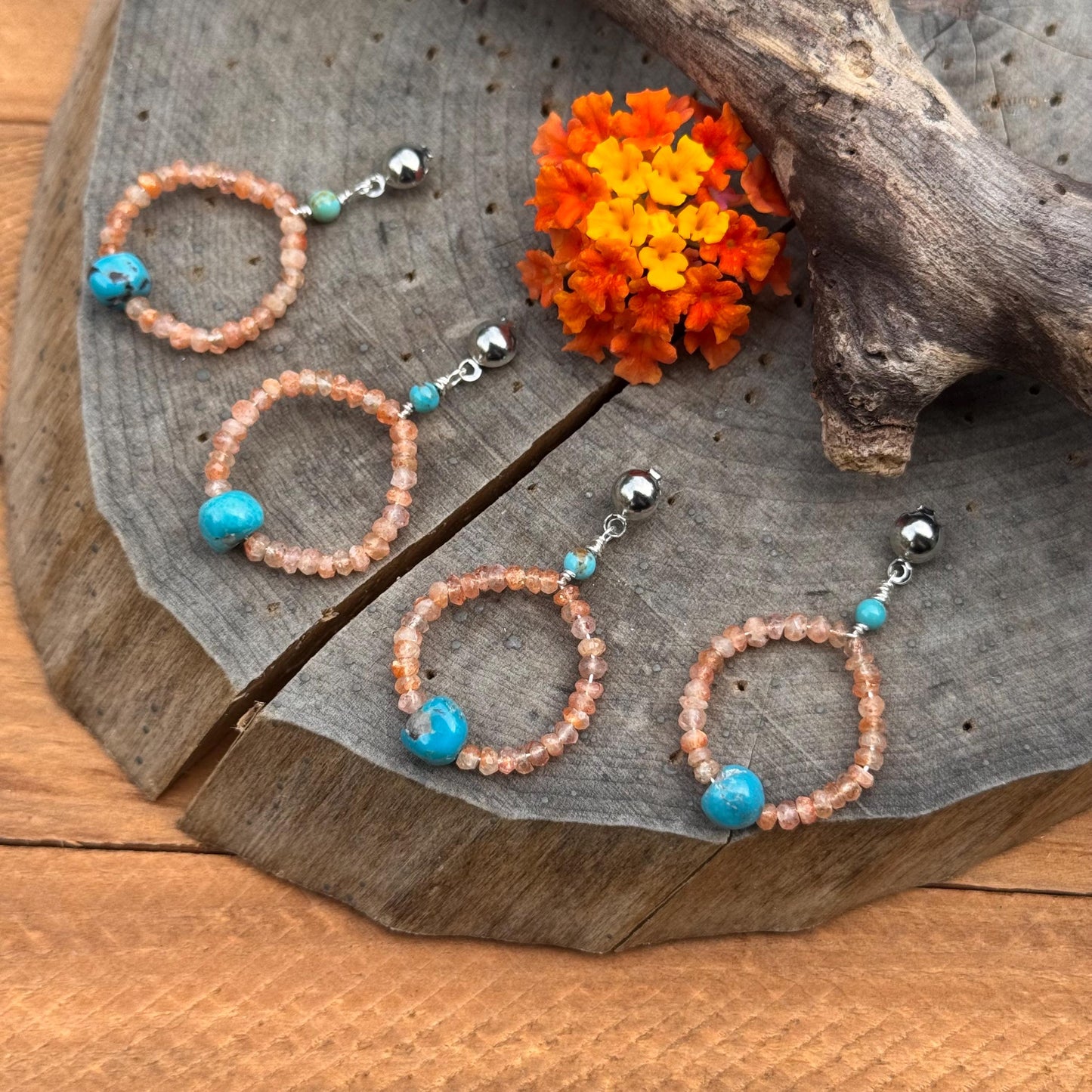Spiced Turquoise & Sunstone Post Earrings: Handmade Silver Tone Jewelry