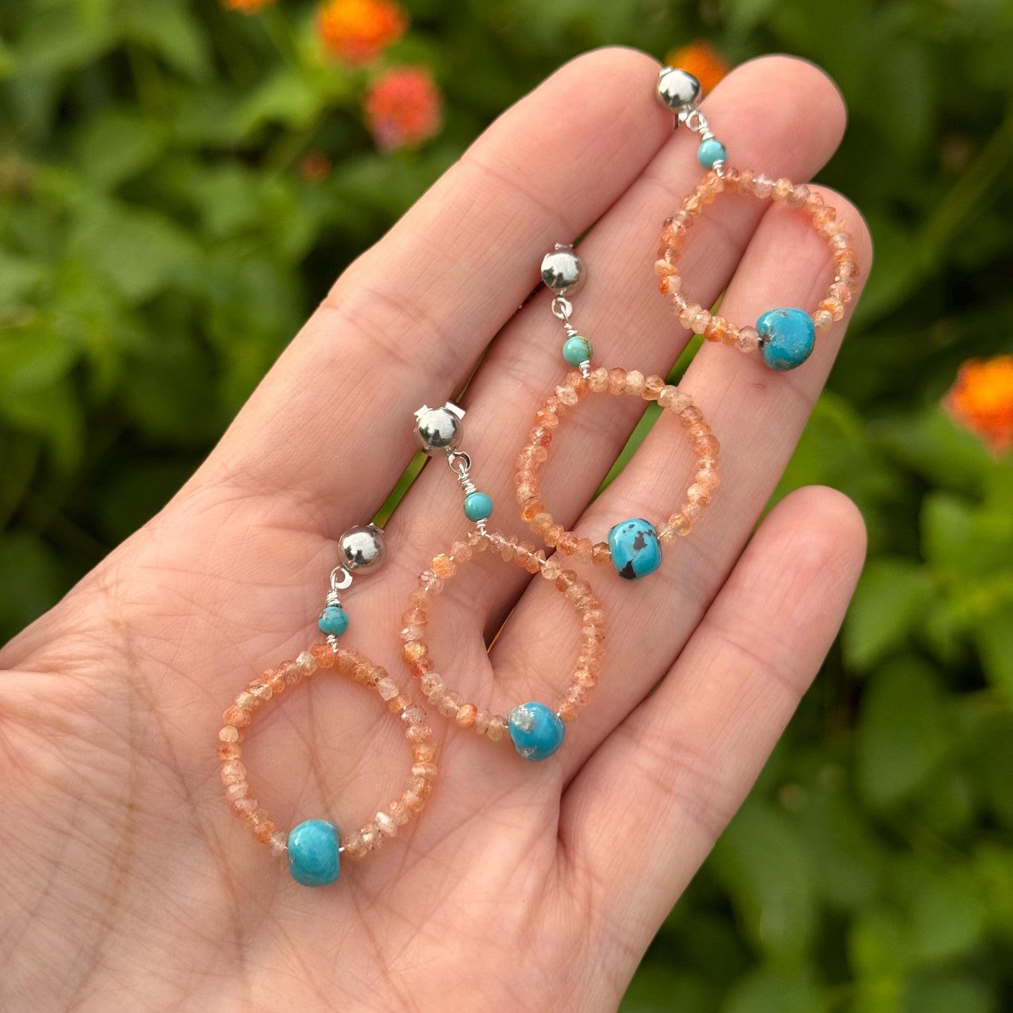 Spiced Turquoise & Sunstone Post Earrings: Handmade Silver Tone Jewelry