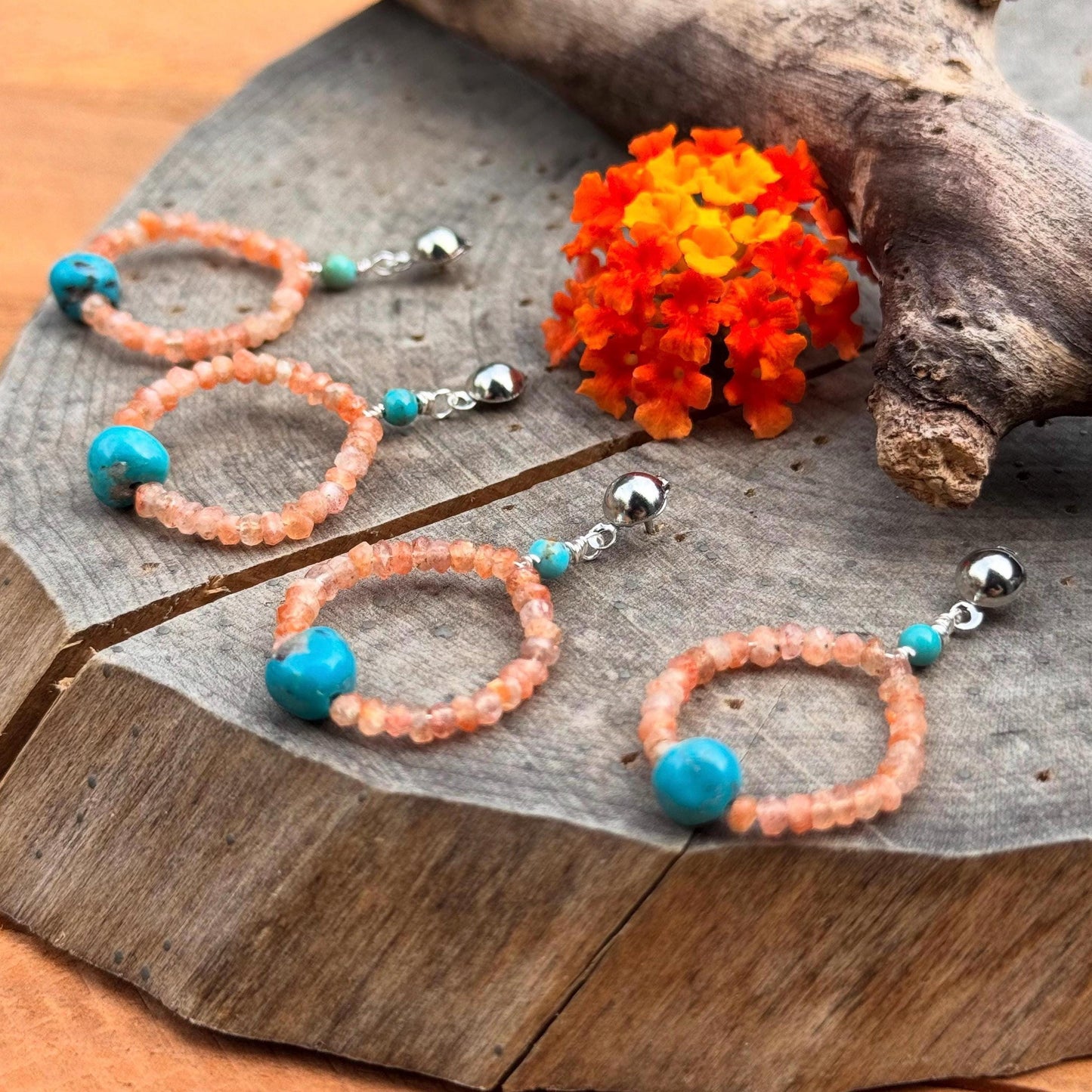 Spiced Turquoise & Sunstone Post Earrings: Handmade Silver Tone Jewelry