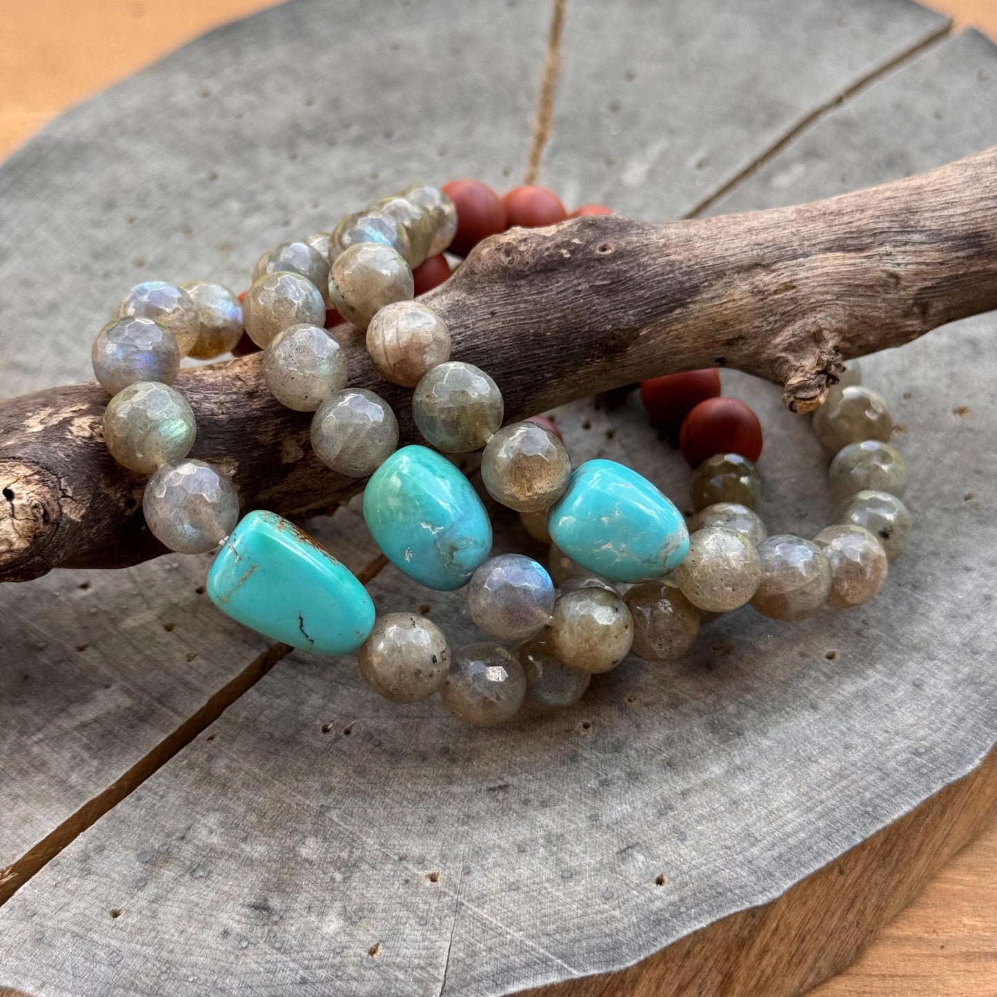 Labradorite & Turquoise Stretch Bracelet: Red Jasper Accents