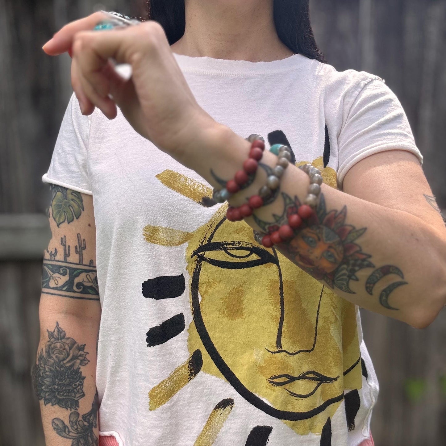 Labradorite & Turquoise Stretch Bracelet: Red Jasper Accents