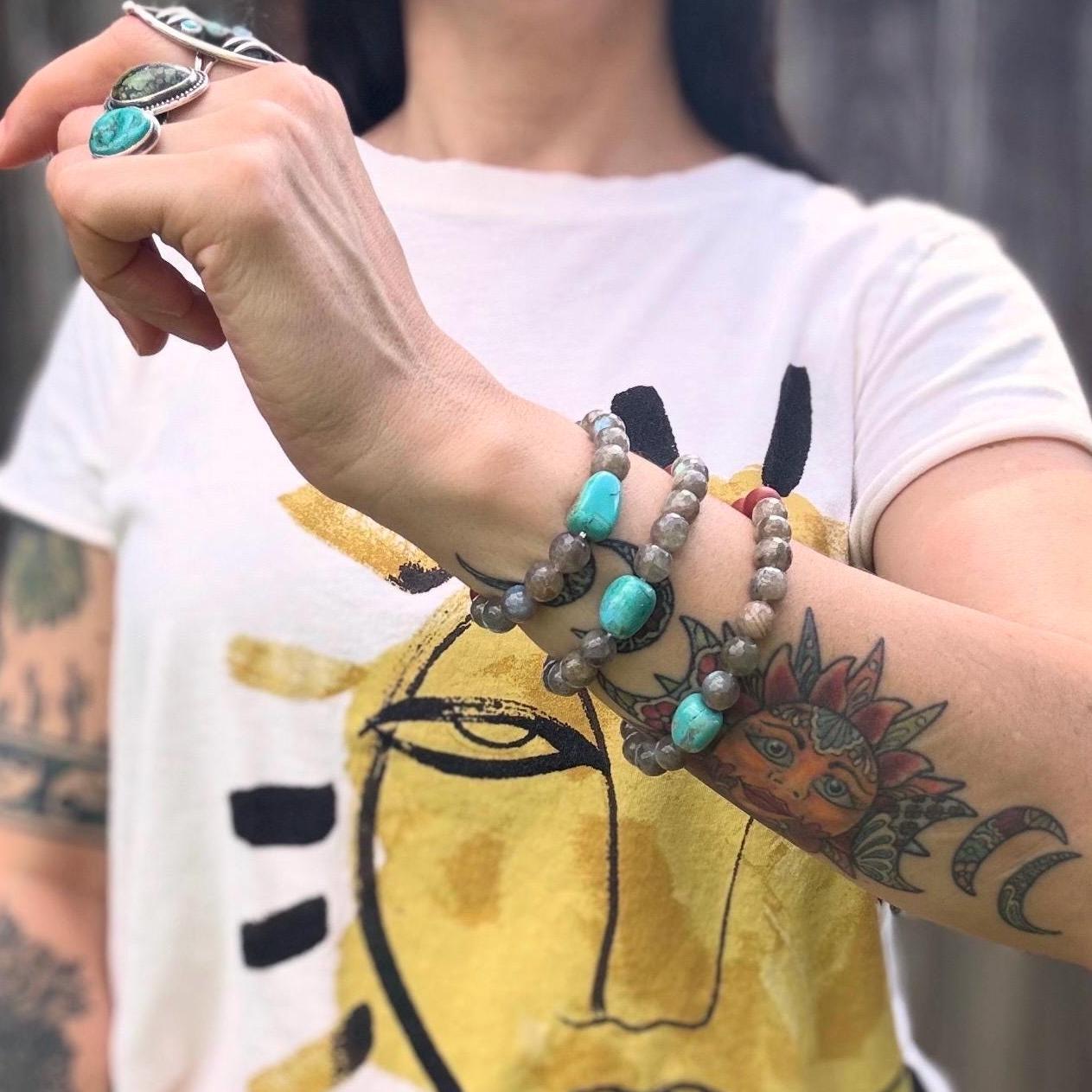 Labradorite & Turquoise Stretch Bracelet: Red Jasper Accents