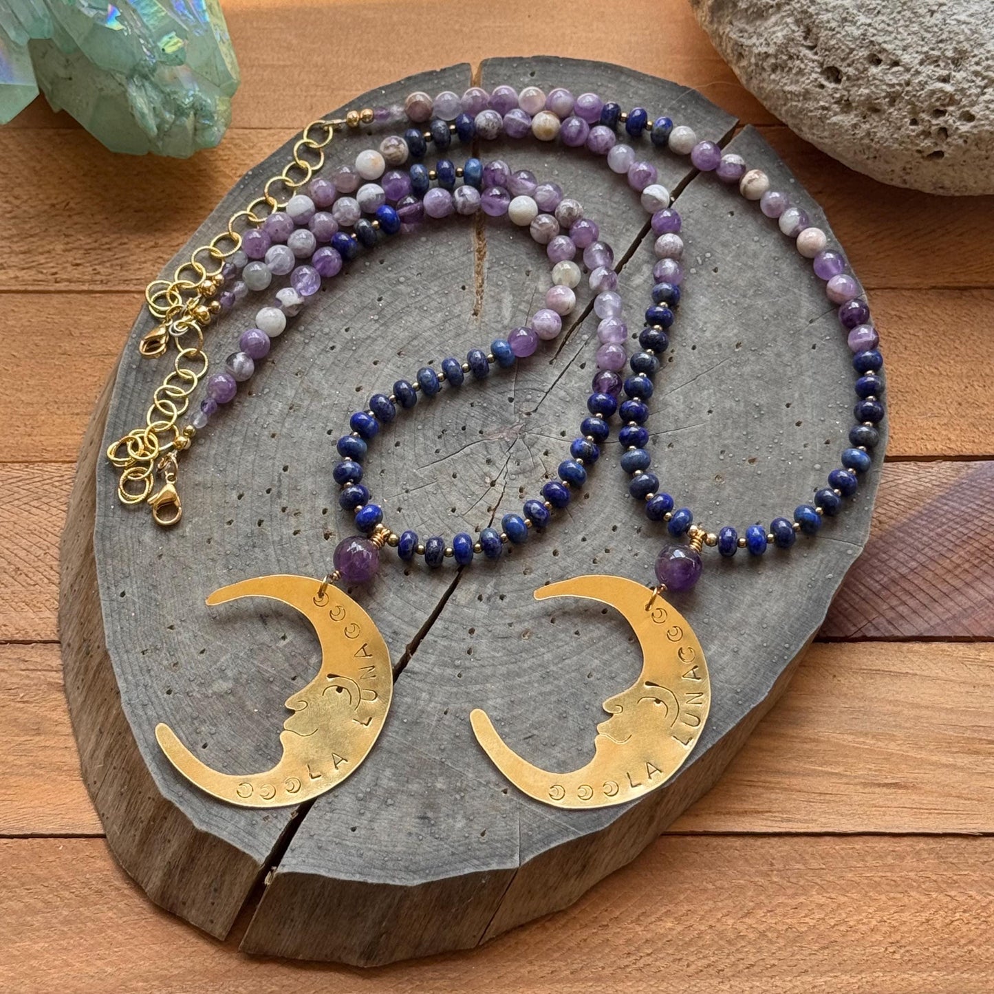 La Luna Amethyst Beaded Necklace: Brass Crescent Moon, Handmade