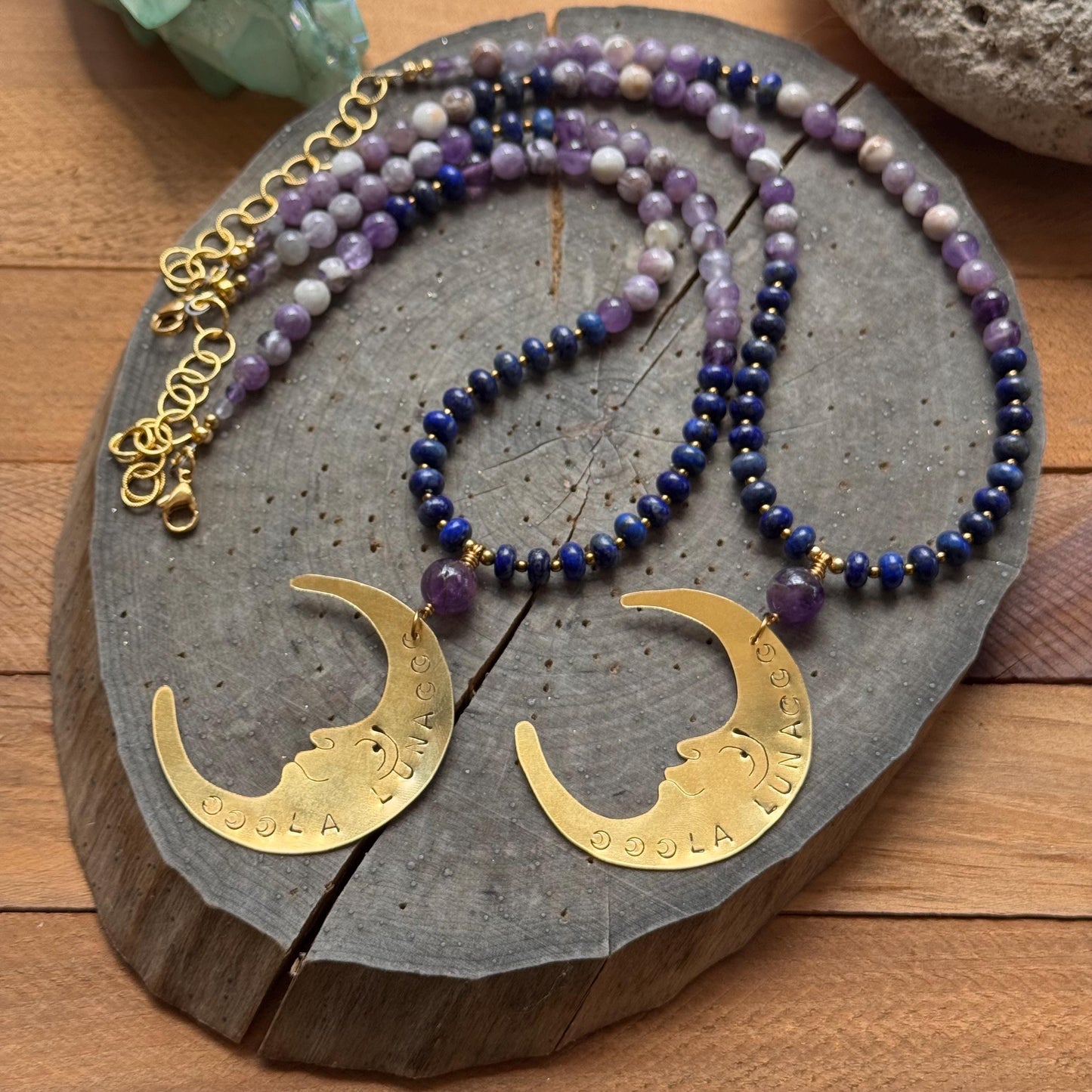 La Luna Amethyst Beaded Necklace: Brass Crescent Moon, Handmade