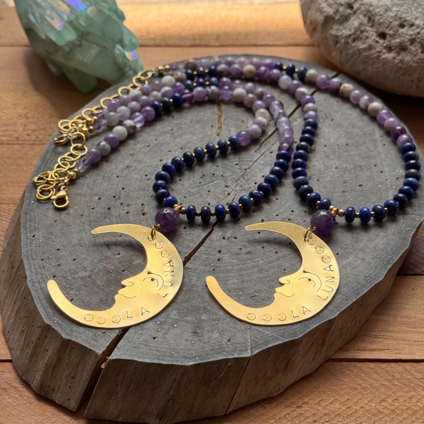 La Luna Amethyst Beaded Necklace: Brass Crescent Moon, Handmade