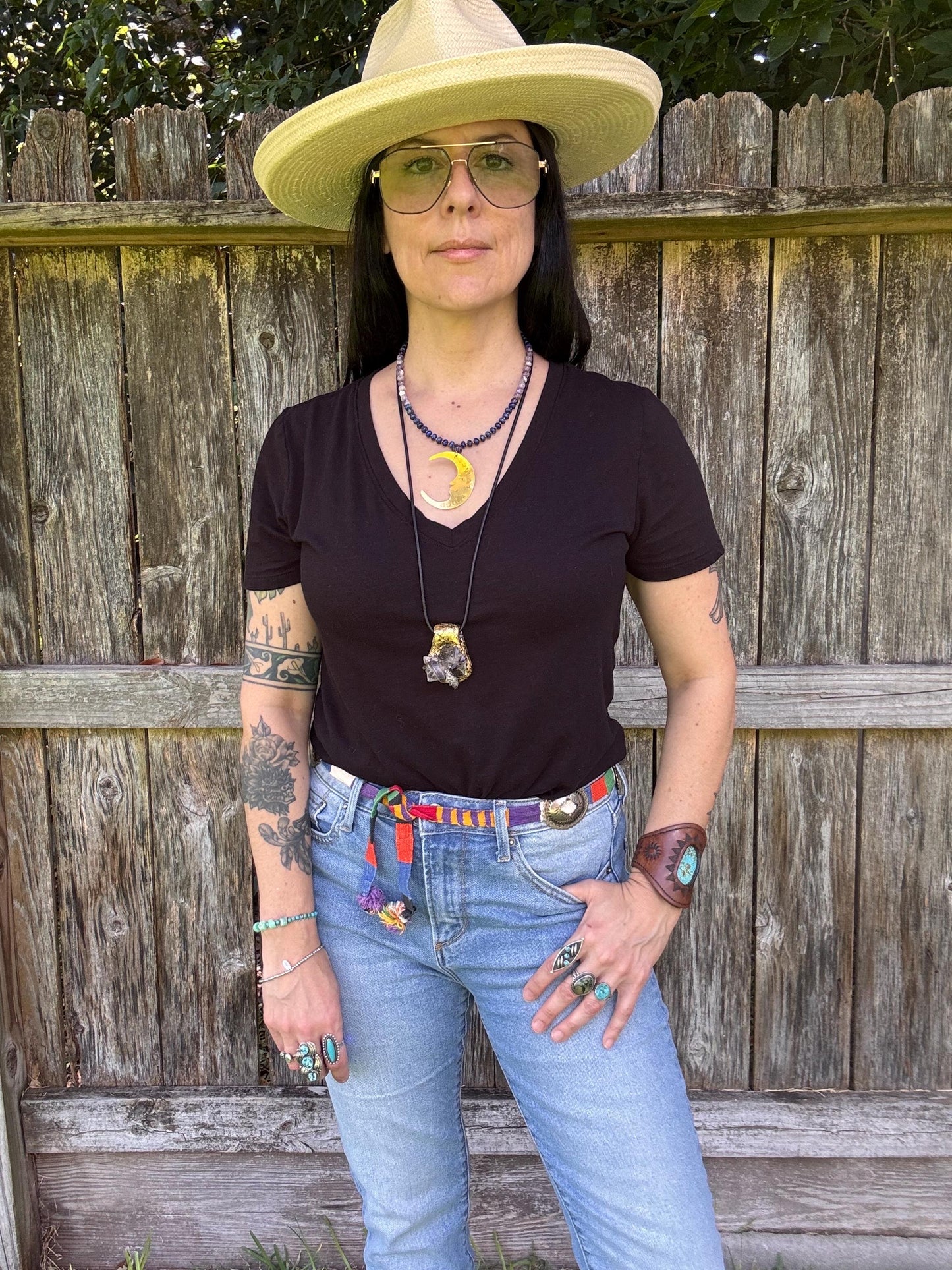 La Luna Amethyst Beaded Necklace: Brass Crescent Moon, Handmade