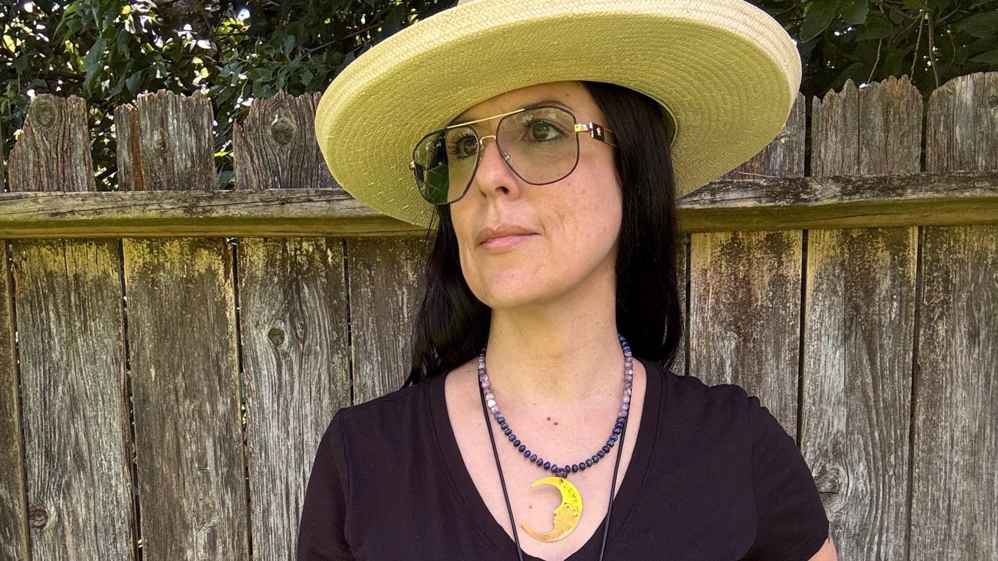 La Luna Amethyst Beaded Necklace: Brass Crescent Moon, Handmade