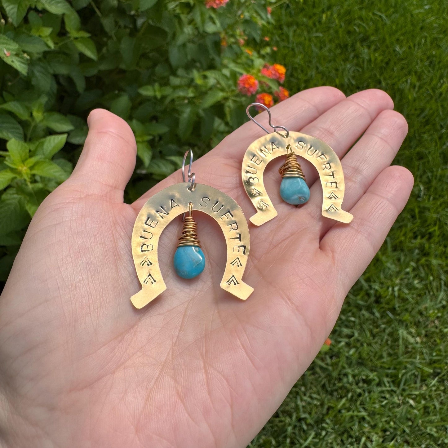 Turquoise Horseshoe Earrings: Hand Stamped Brass, 'Buena Suerte'
