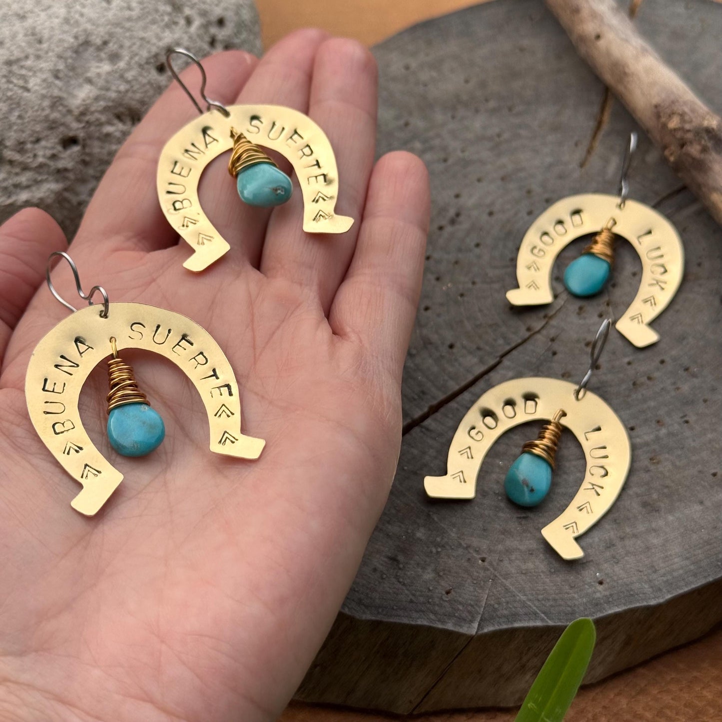 Turquoise Horseshoe Earrings: Hand Stamped Brass, 'Buena Suerte'