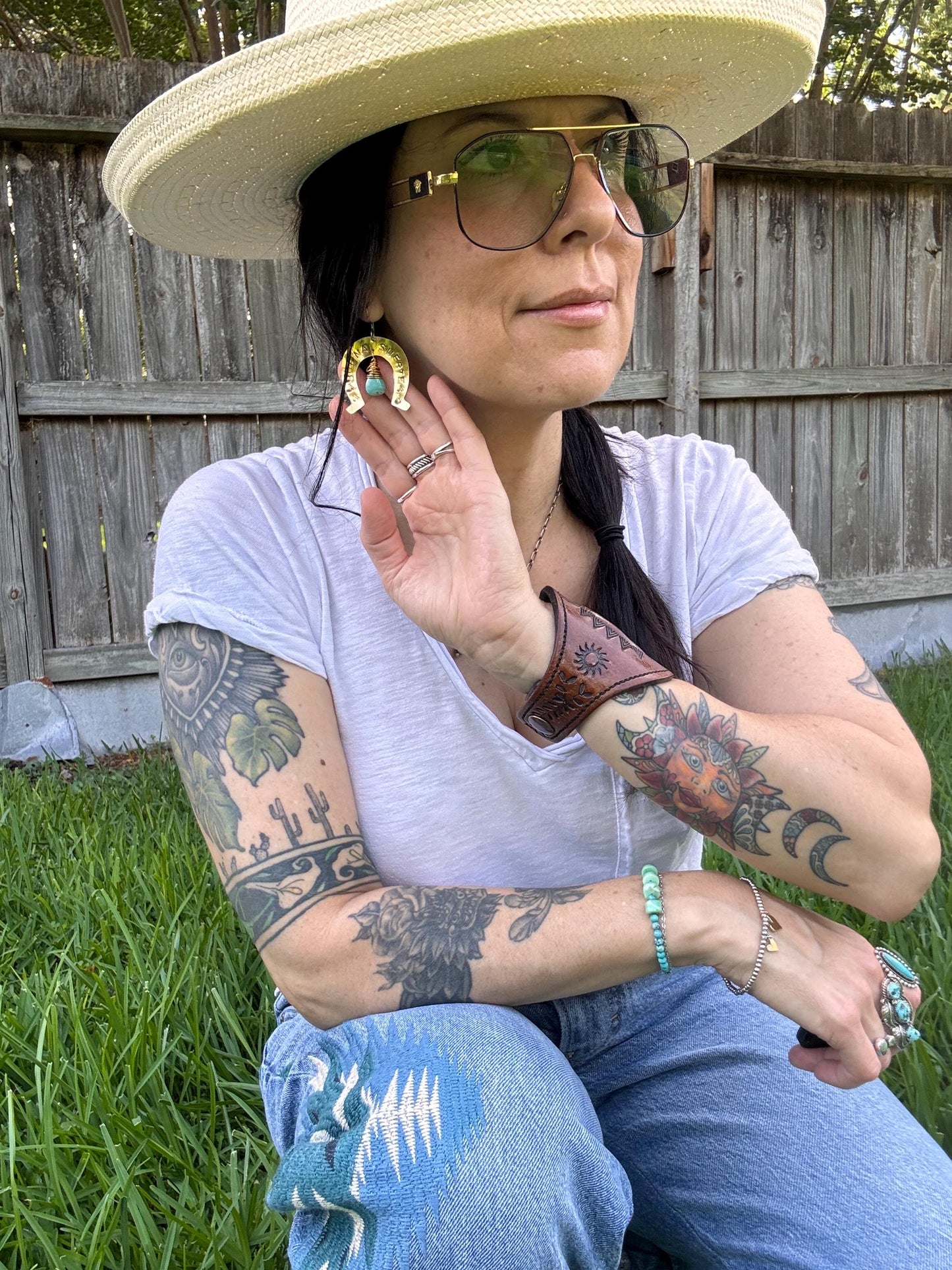 Turquoise Horseshoe Earrings: Hand Stamped Brass, 'Buena Suerte'