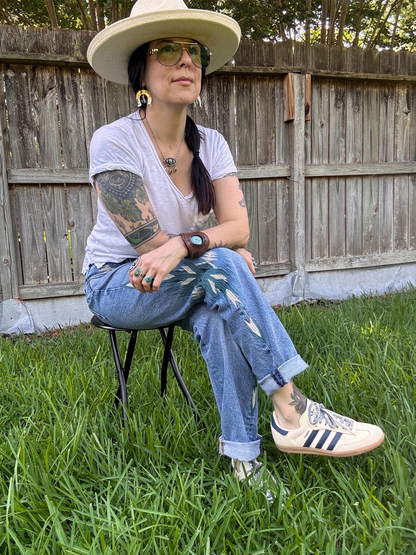 Turquoise Horseshoe Earrings: Hand Stamped Brass, 'Buena Suerte'