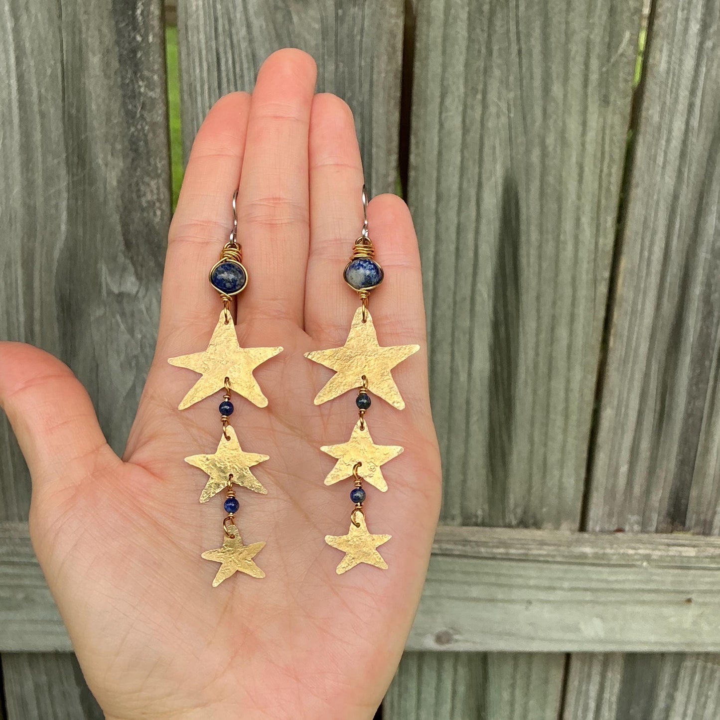 Hammered Brass Star and Lapis Earrings: Long Duster, Handmade