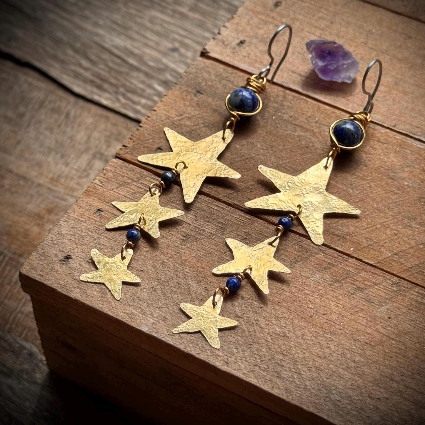 Hammered Brass Star and Lapis Earrings: Long Duster, Handmade
