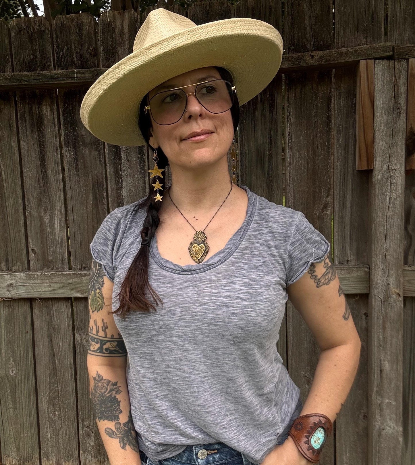 Hammered Brass Star and Lapis Earrings: Long Duster, Handmade