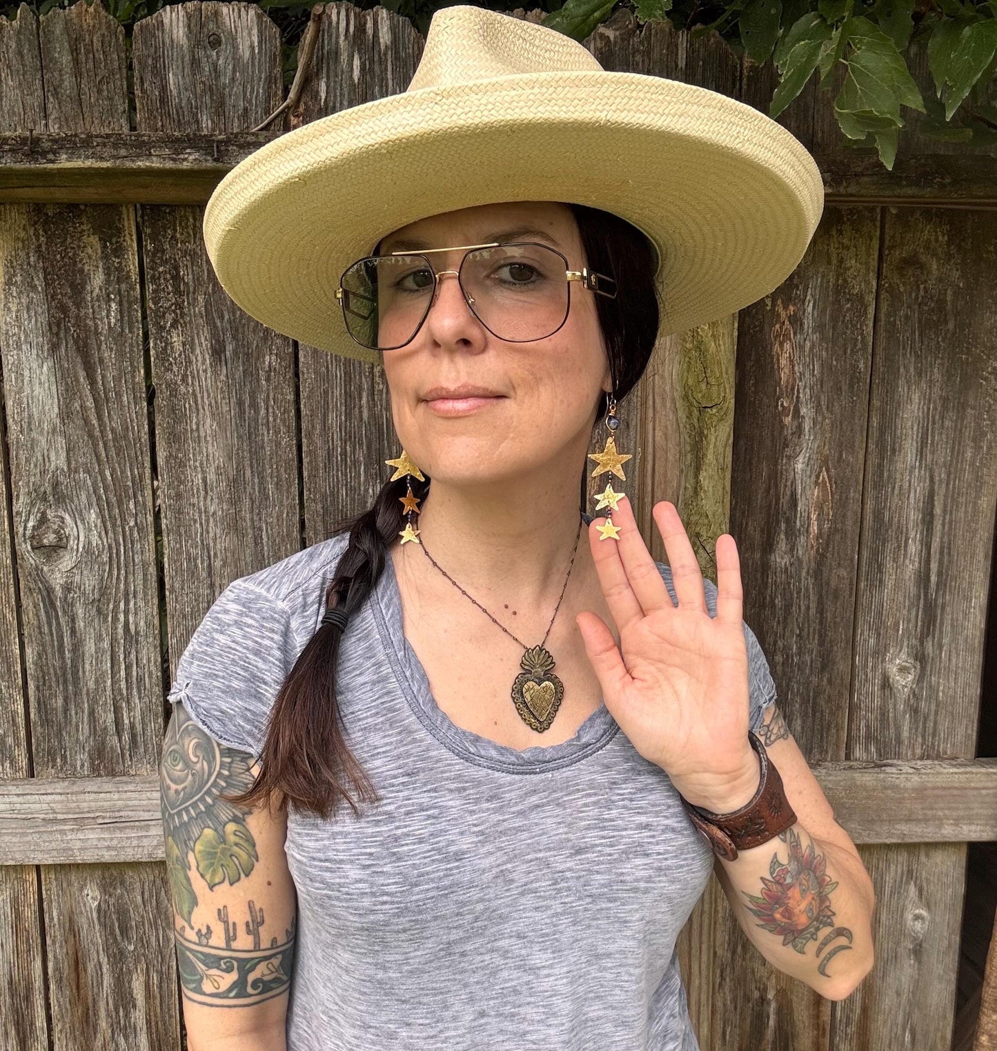 Hammered Brass Star and Lapis Earrings: Long Duster, Handmade