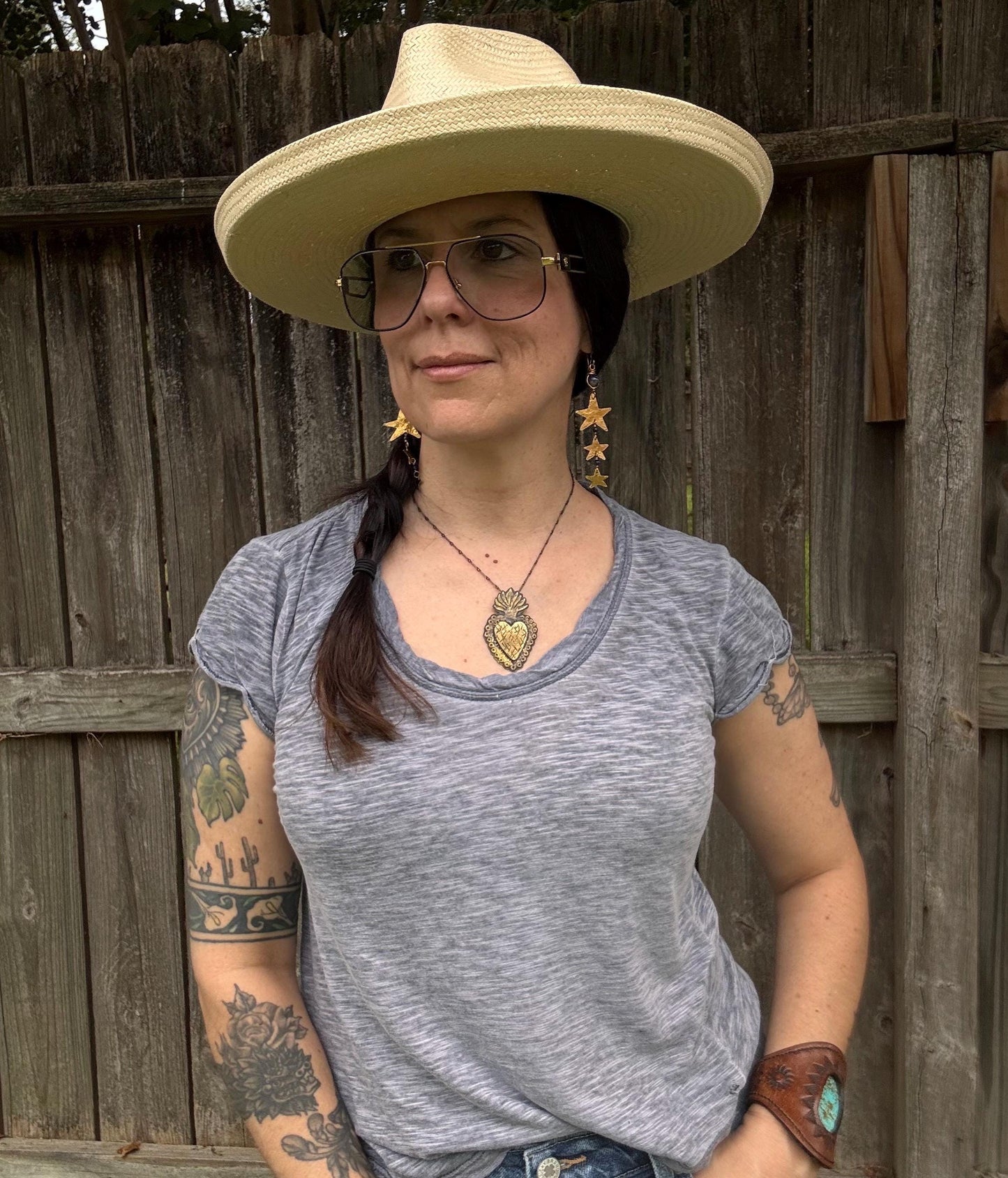 Hammered Brass Star and Lapis Earrings: Long Duster, Handmade