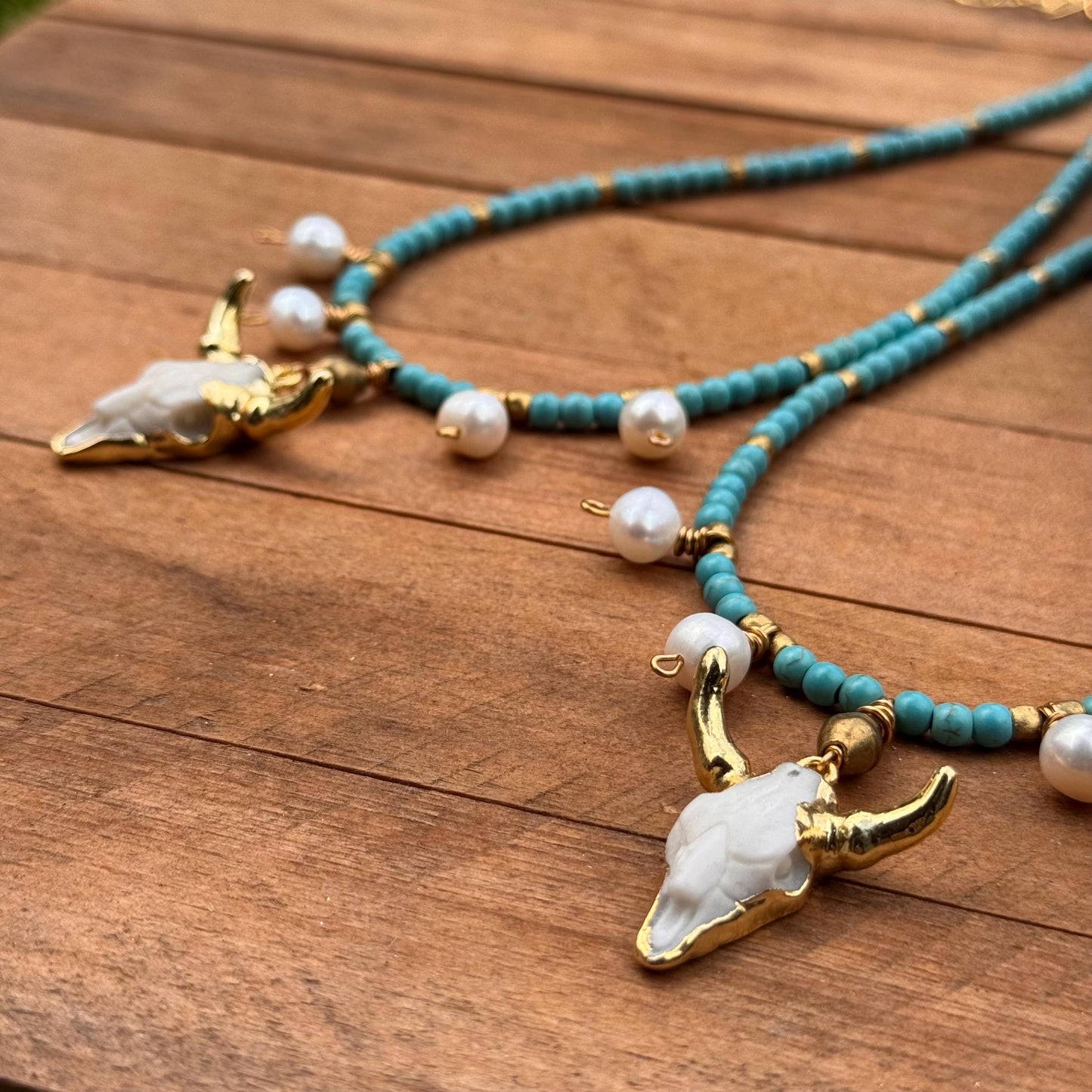 Pearl Cowgirl Necklace: Gold Cow Skull Charm, Magnesite Beads