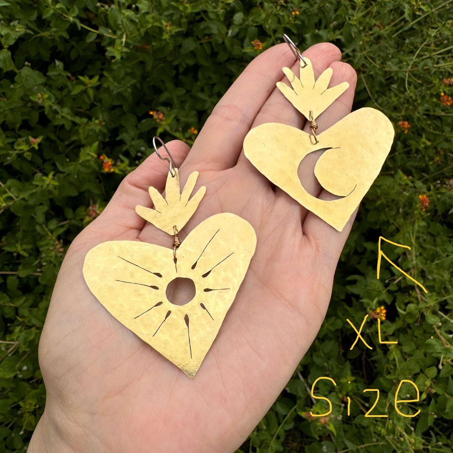 XL Sacred Heart Earrings: Sun & Moon, Brass, Copper or Aluminum