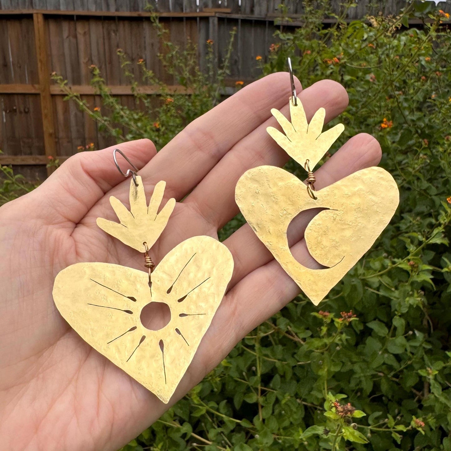 XL Sacred Heart Earrings: Sun & Moon, Brass, Copper or Aluminum