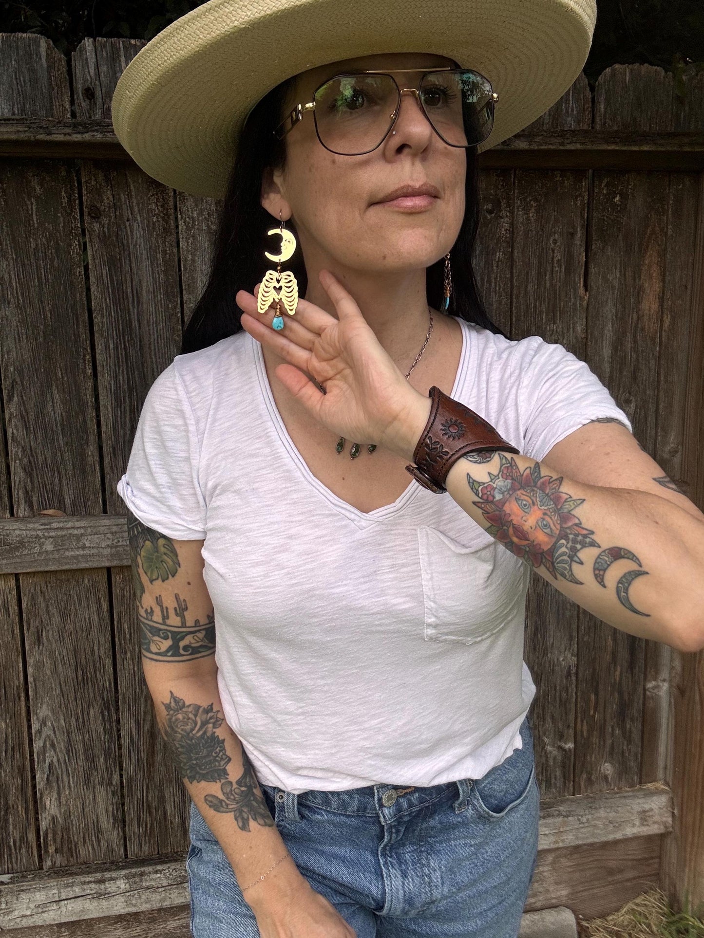 Hammered Brass Crescent Moon Rib Cage Earrings: Turquoise Ex-Voto Luna