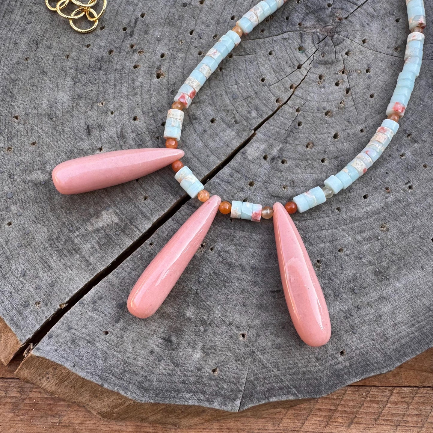 Pink Opal & Aquaterra Jasper Beaded Necklace - Gold Accents