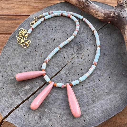 Pink Opal & Aquaterra Jasper Beaded Necklace - Gold Accents