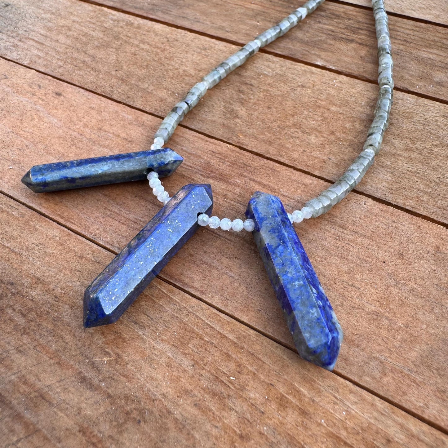 Lapis Lazuli & Labradorite Beaded Necklace: Moonstone Accents
