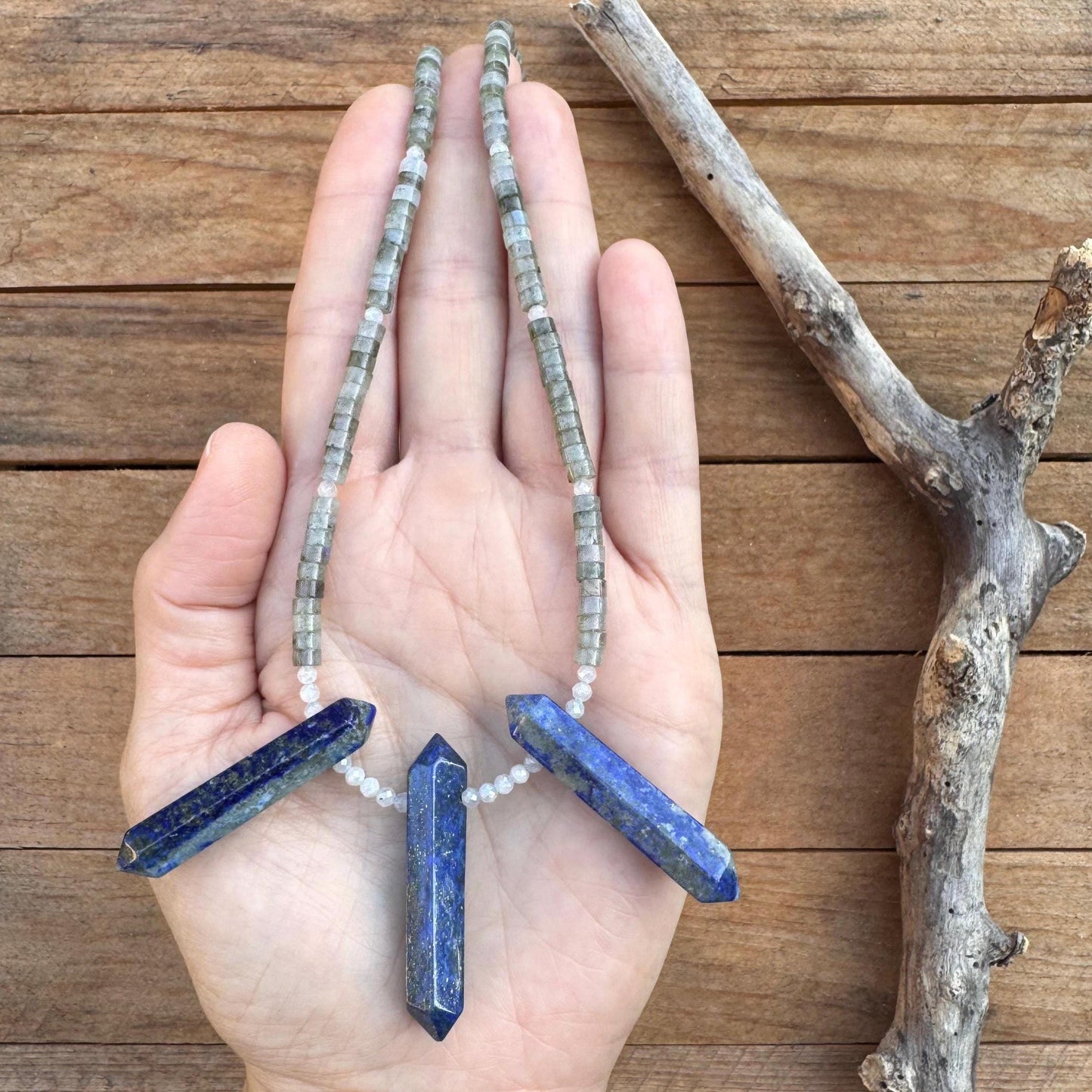 Lapis Lazuli & Labradorite Beaded Necklace: Moonstone Accents