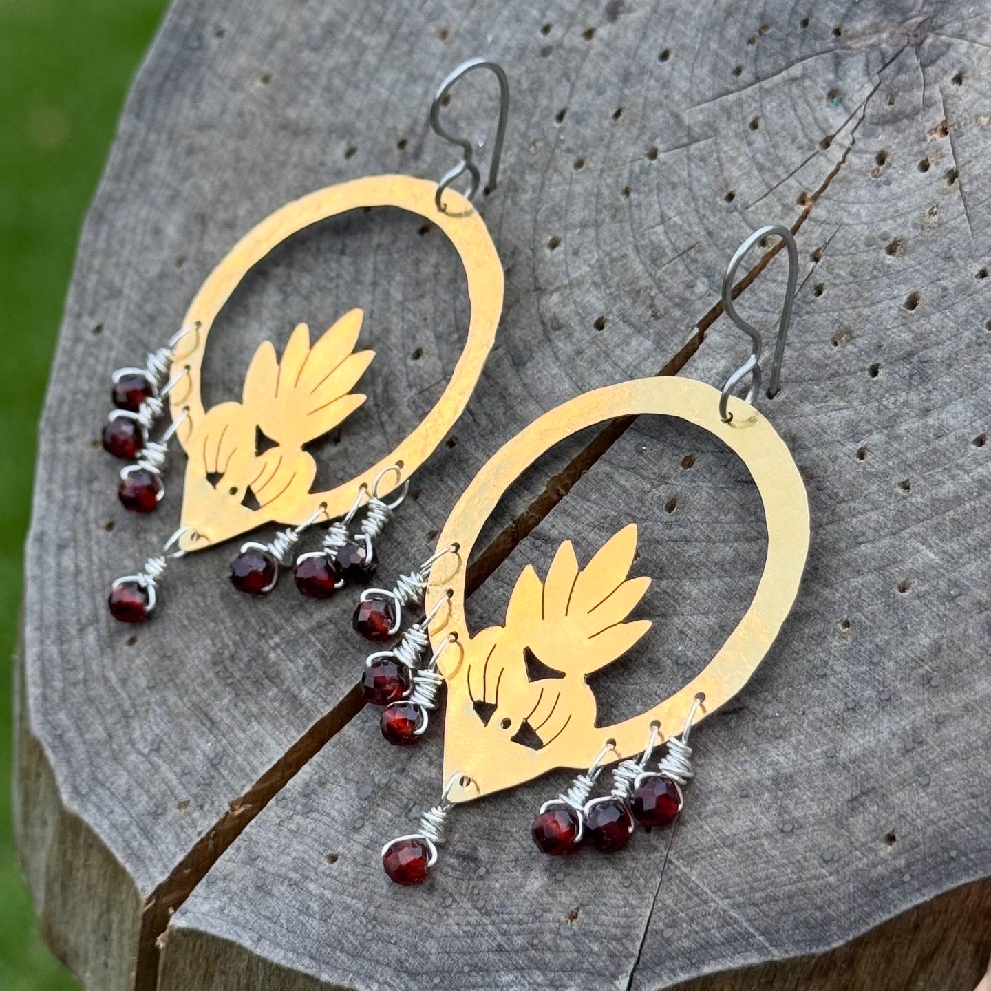 Brass Flaming Heart Garnet Earrings: Mixed Metal Sacred Heart