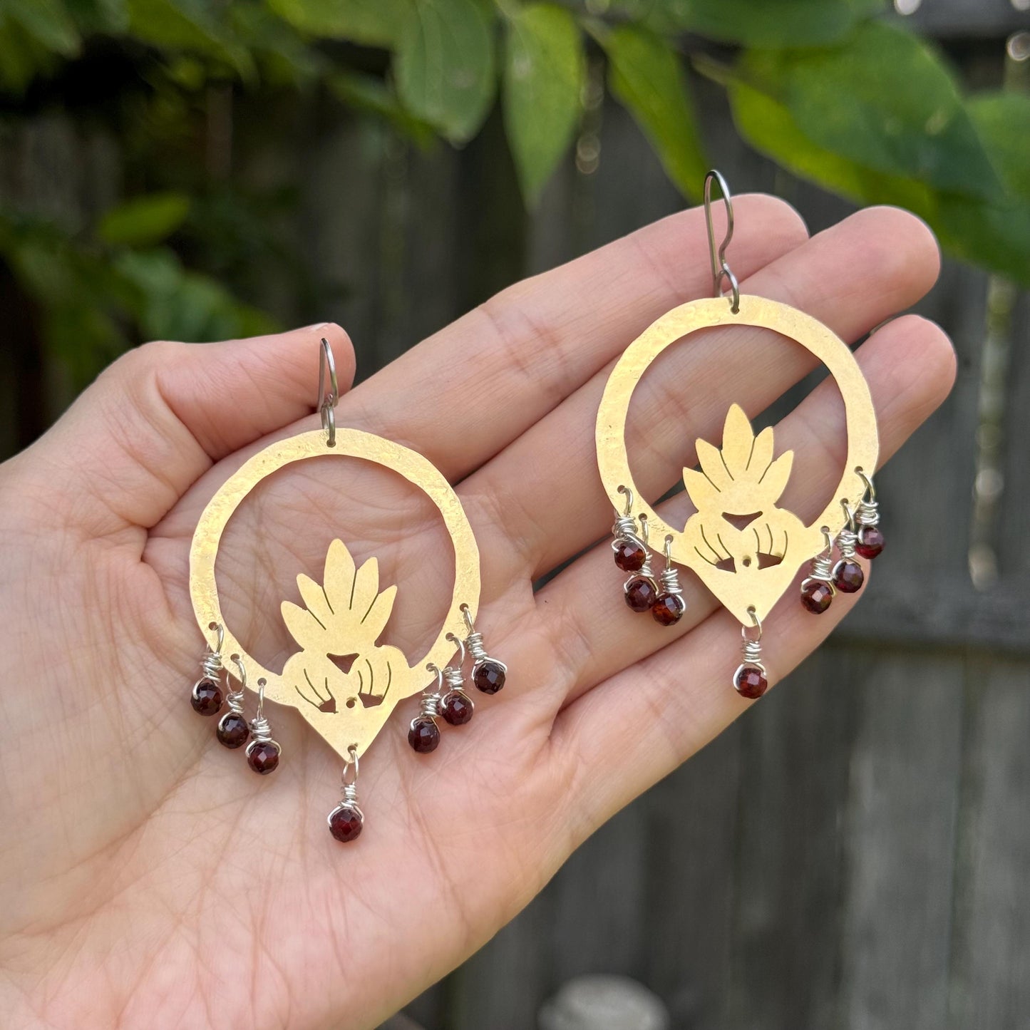 Brass Flaming Heart Garnet Earrings: Mixed Metal Sacred Heart