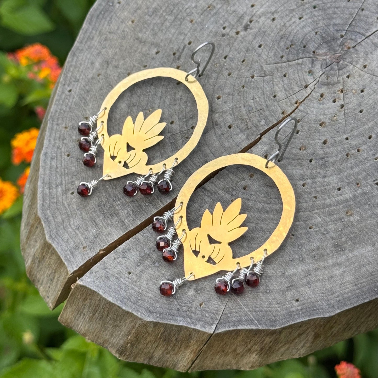 Brass Flaming Heart Garnet Earrings: Mixed Metal Sacred Heart