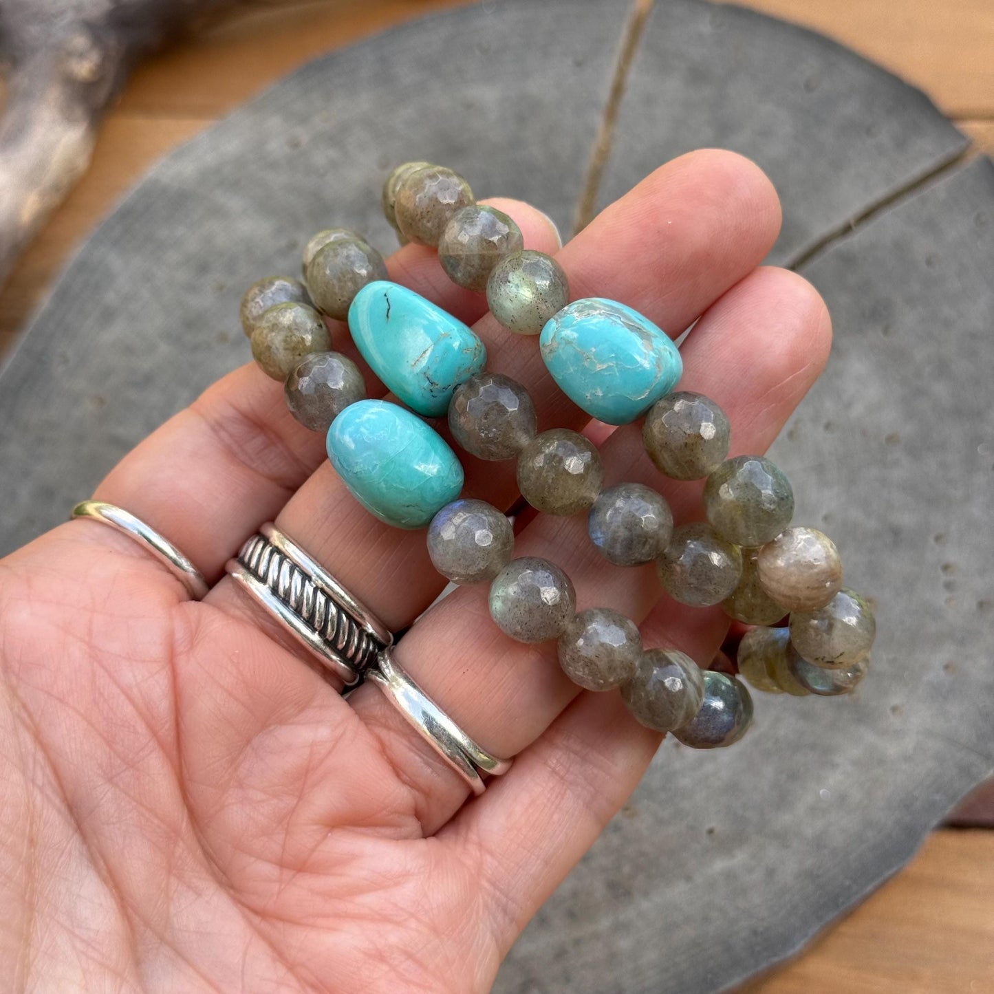 Labradorite & Turquoise Stretch Bracelet: Red Jasper Accents