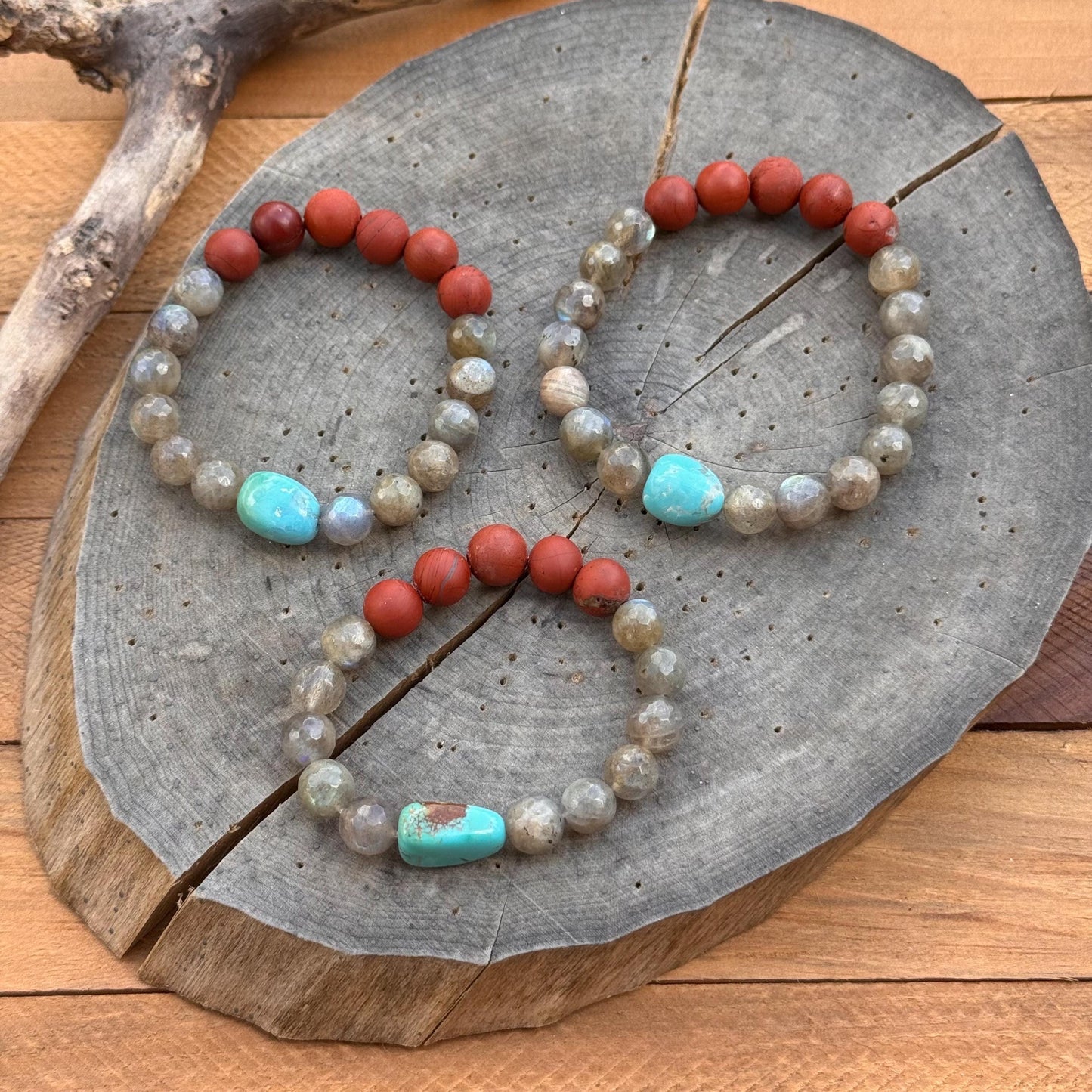 Labradorite & Turquoise Stretch Bracelet: Red Jasper Accents