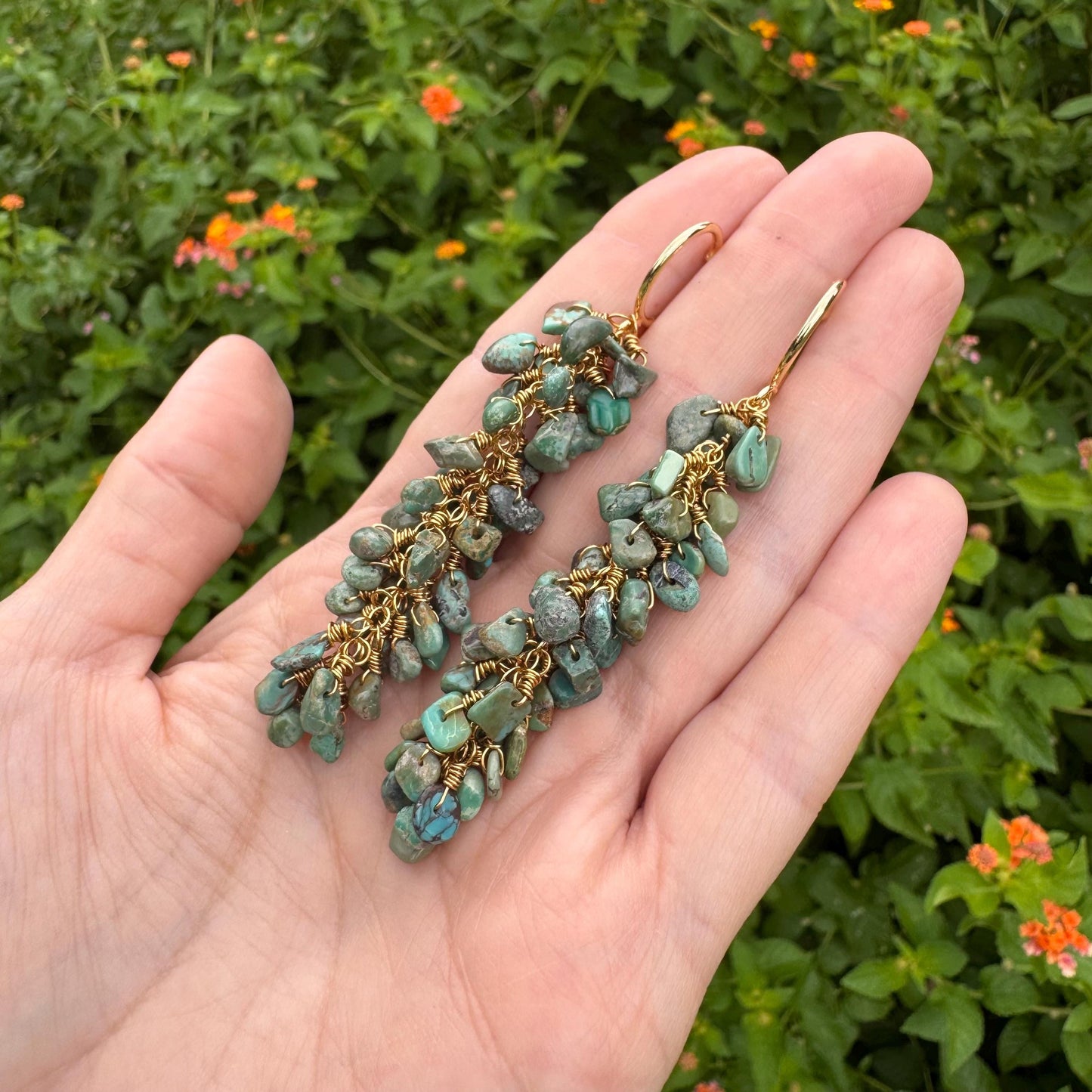 Turquoise cluster Hoop Earrings: wire wrapped, Handmade