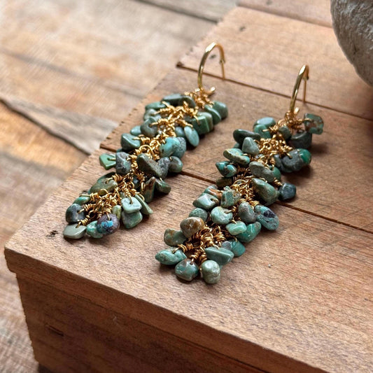 Turquoise cluster Hoop Earrings: wire wrapped, Handmade
