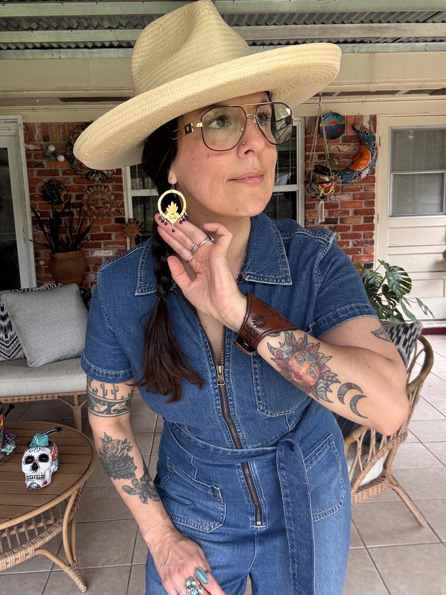 Brass Flaming Heart Garnet Earrings: Mixed Metal Sacred Heart