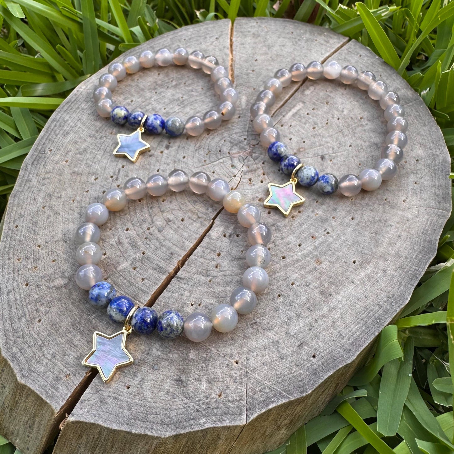 Lapis & Grey Agate Stretch Bracelet: Abalone Star Charm