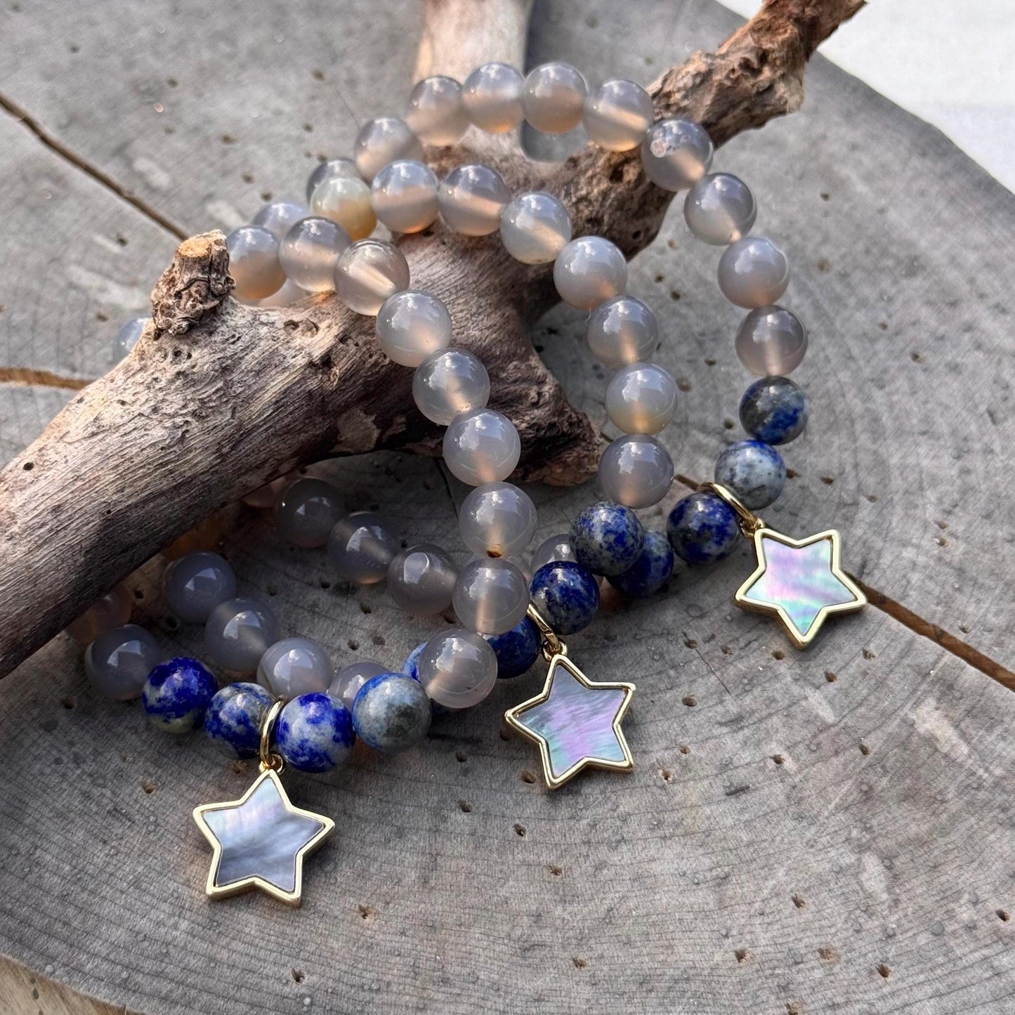 Lapis & Grey Agate Stretch Bracelet: Abalone Star Charm