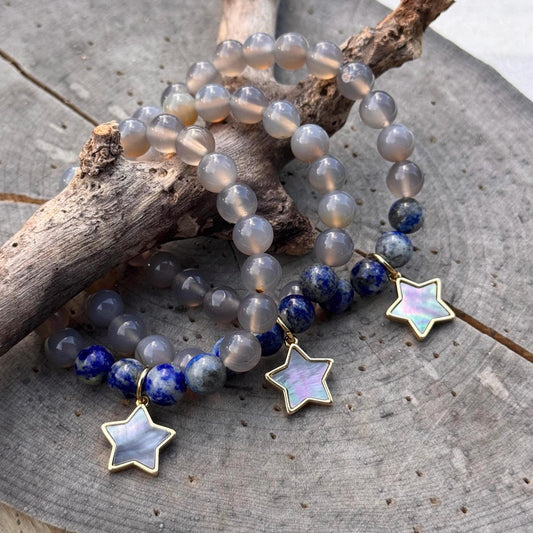 Lapis & Grey Agate Stretch Bracelet: Abalone Star Charm