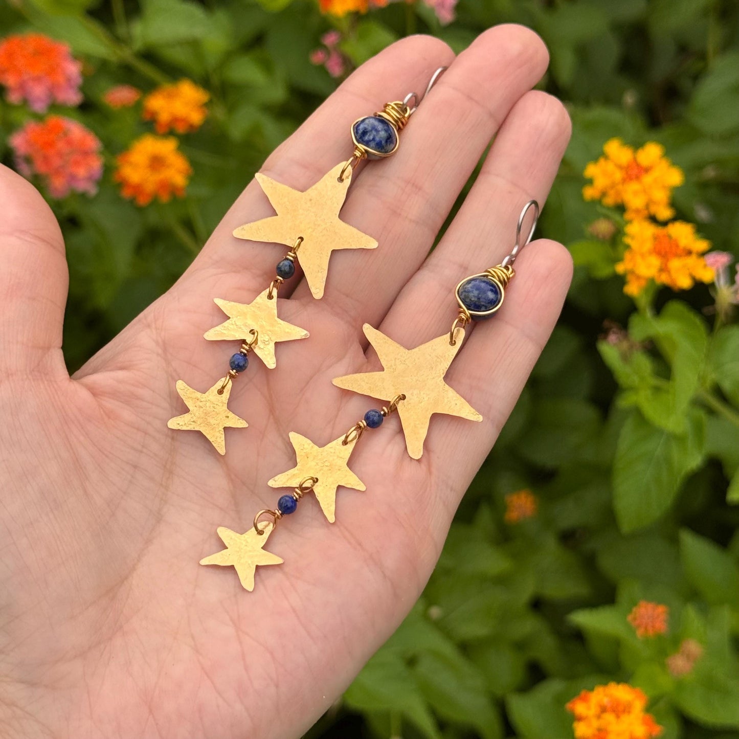 Hammered Brass Star and Lapis Earrings: Long Duster, Handmade