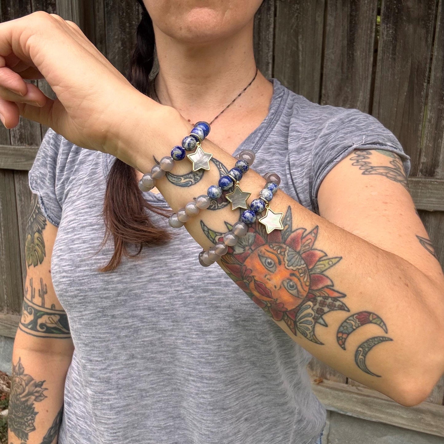 Lapis & Grey Agate Stretch Bracelet: Abalone Star Charm