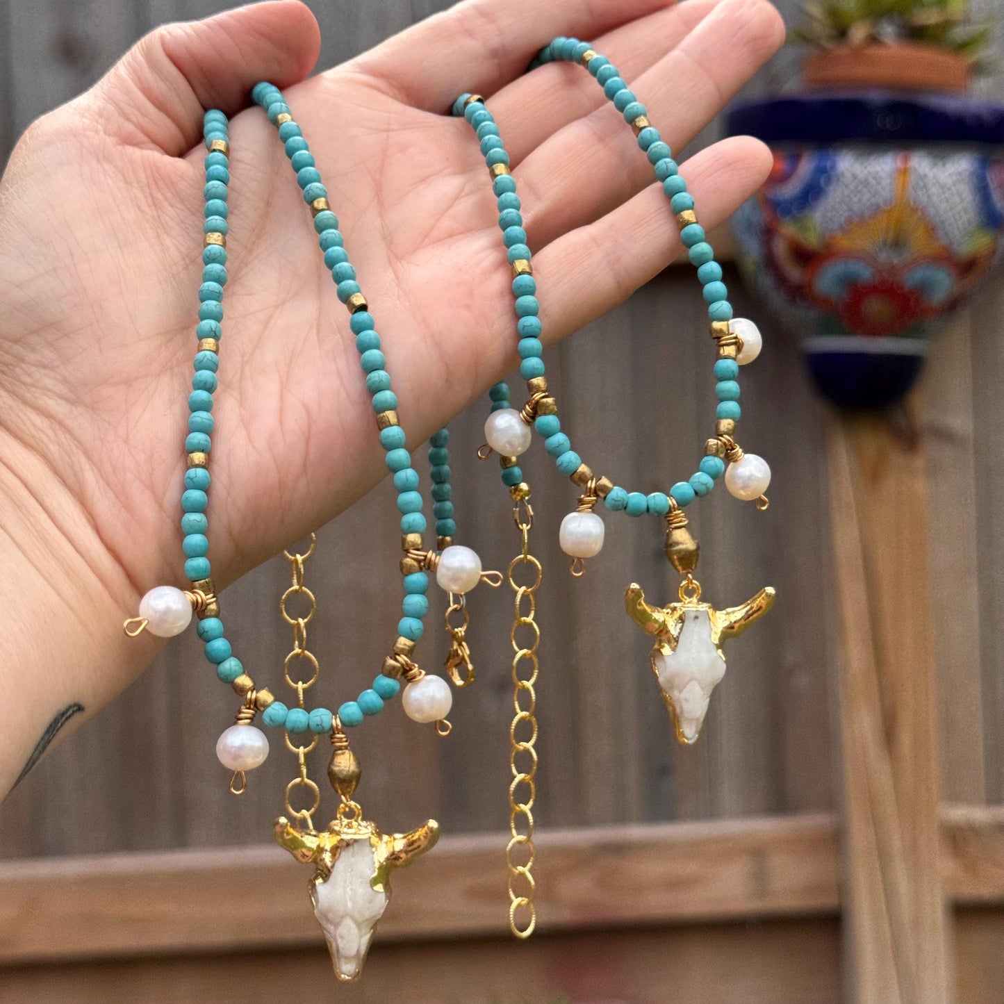 Pearl Cowgirl Necklace: Gold Cow Skull Charm, Magnesite Beads