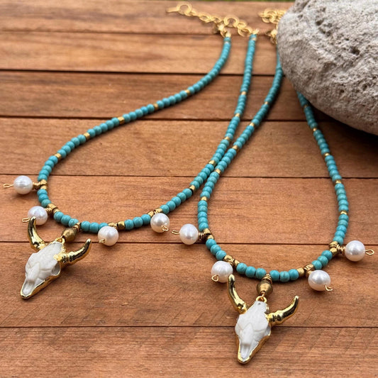 Pearl Cowgirl Necklace: Gold Cow Skull Charm, Magnesite Beads