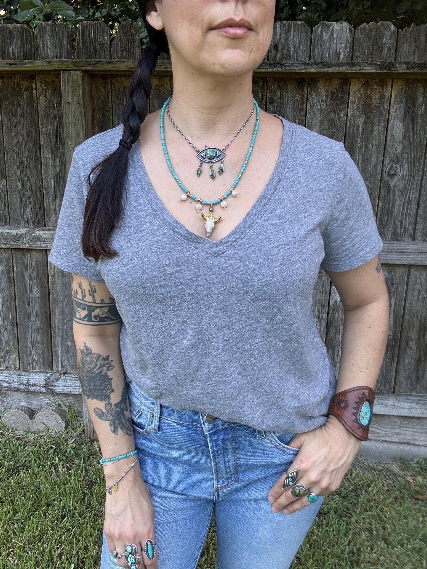 Pearl Cowgirl Necklace: Gold Cow Skull Charm, Magnesite Beads